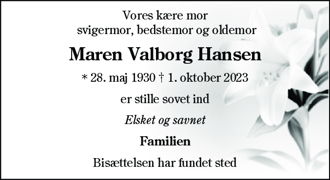 Dødsannonce for Maren Valborg Hansen