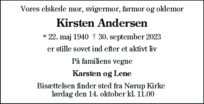 Dødsannonce for Kirsten Andersen