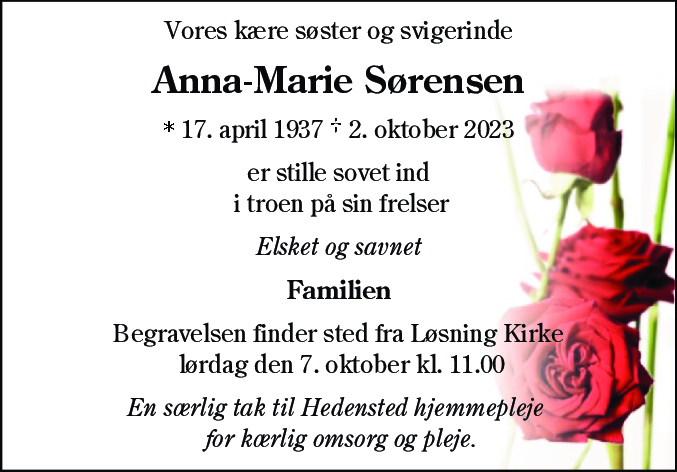 Dødsannonce for Anna-Marie Sørensen