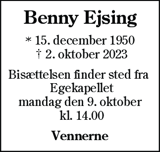 Dødsannonce for Benny Ejsing