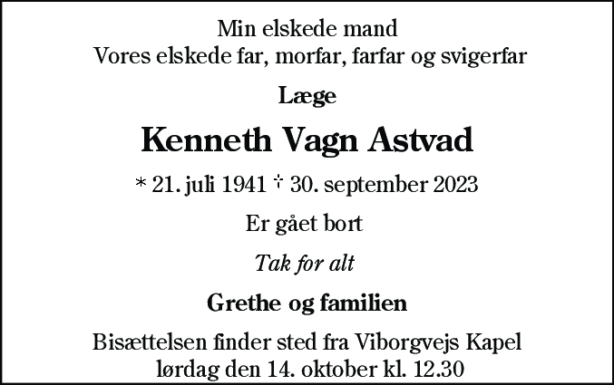 Dødsannonce for Kenneth Vagn Astvad