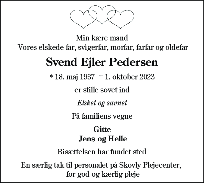 Dødsannonce for Svend Ejler Pedersen