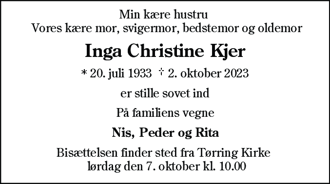 Dødsannonce for Inga Christine Kjer
