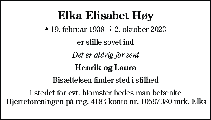 Dødsannonce for Elka Elisabet Høy