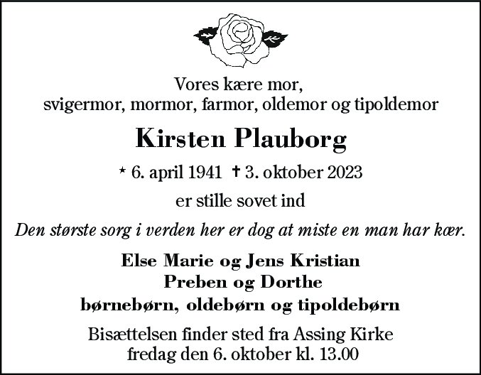Dødsannonce for Kirsten Plauborg