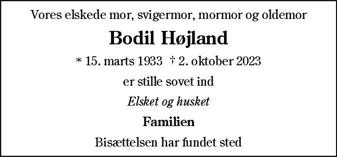 Dødsannonce for Bodil Højland