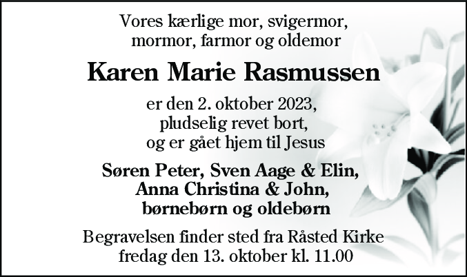 Dødsannonce for Karen Marie Rasmussen