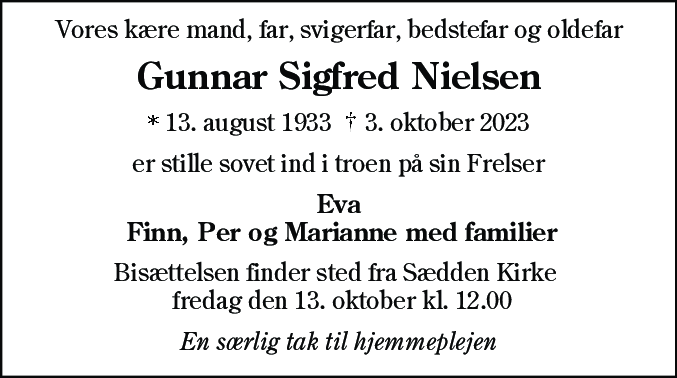 Dødsannonce for Gunnar Sigfred Nielsen