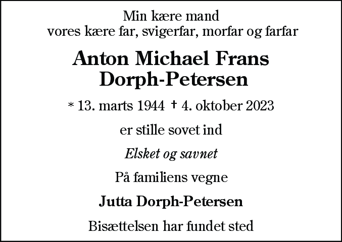 Dødsannonce for Anton Michael Frans Dorph-Petersen