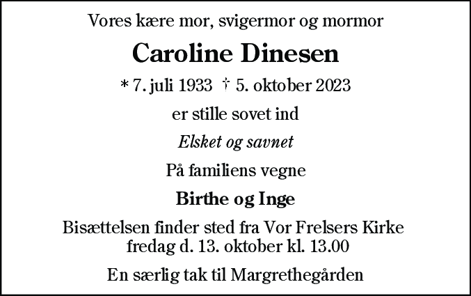 Dødsannonce for Caroline Dinesen