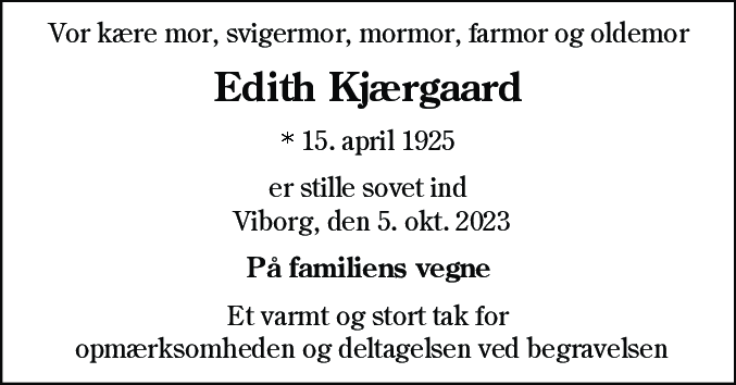 Dødsannonce for Edith Kjærgaard