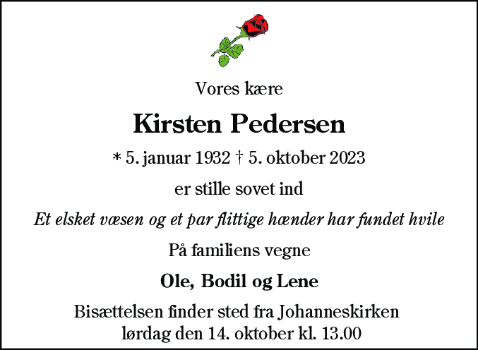 Dødsannonce for Kirsten Pedersen