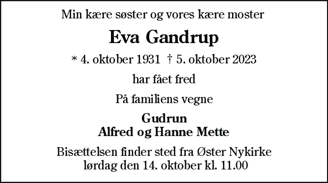 Dødsannonce for Eva Gandrup