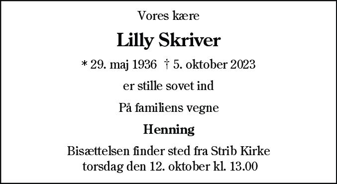 Dødsannonce for Lilly Elise Skriver