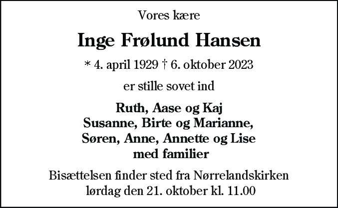 Dødsannonce for Inge Frølund Hansen