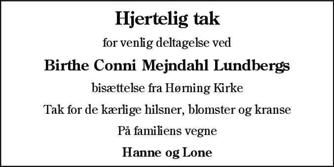 Dødsannonce for Birthe Conni Mejndahl Lundberg