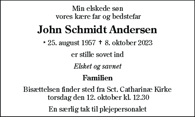 Dødsannonce for John Schmidt Andersen