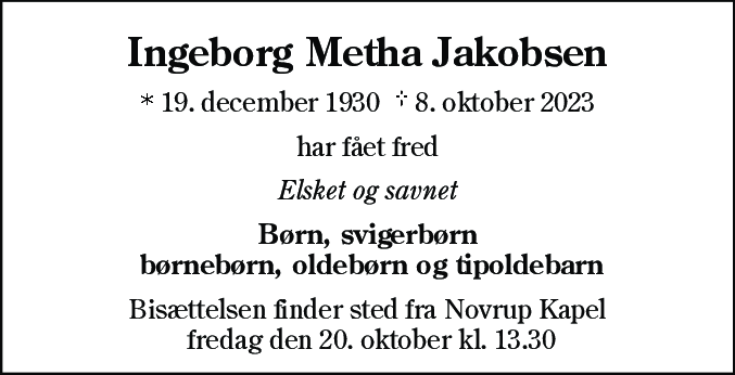 Dødsannonce for Ingeborg Metha Jakobsen