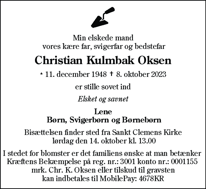 Dødsannonce for Christian Kulmbak Oksen