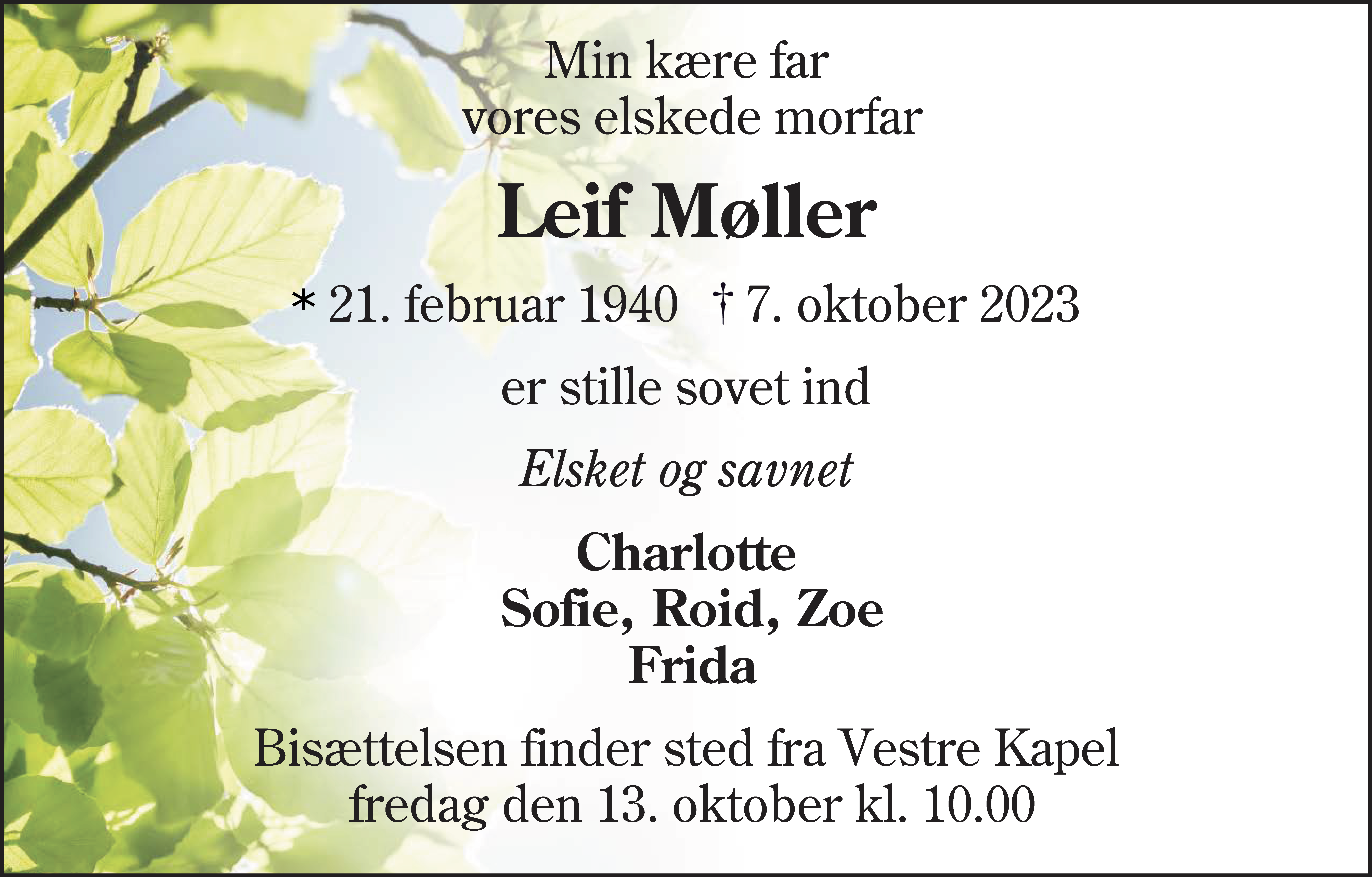 Dødsannonce for Leif Møller