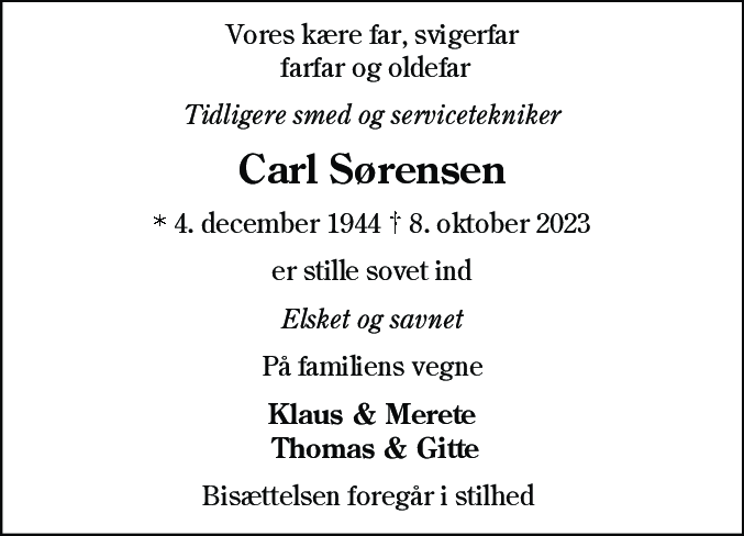 Dødsannonce for Carl Sørensen
