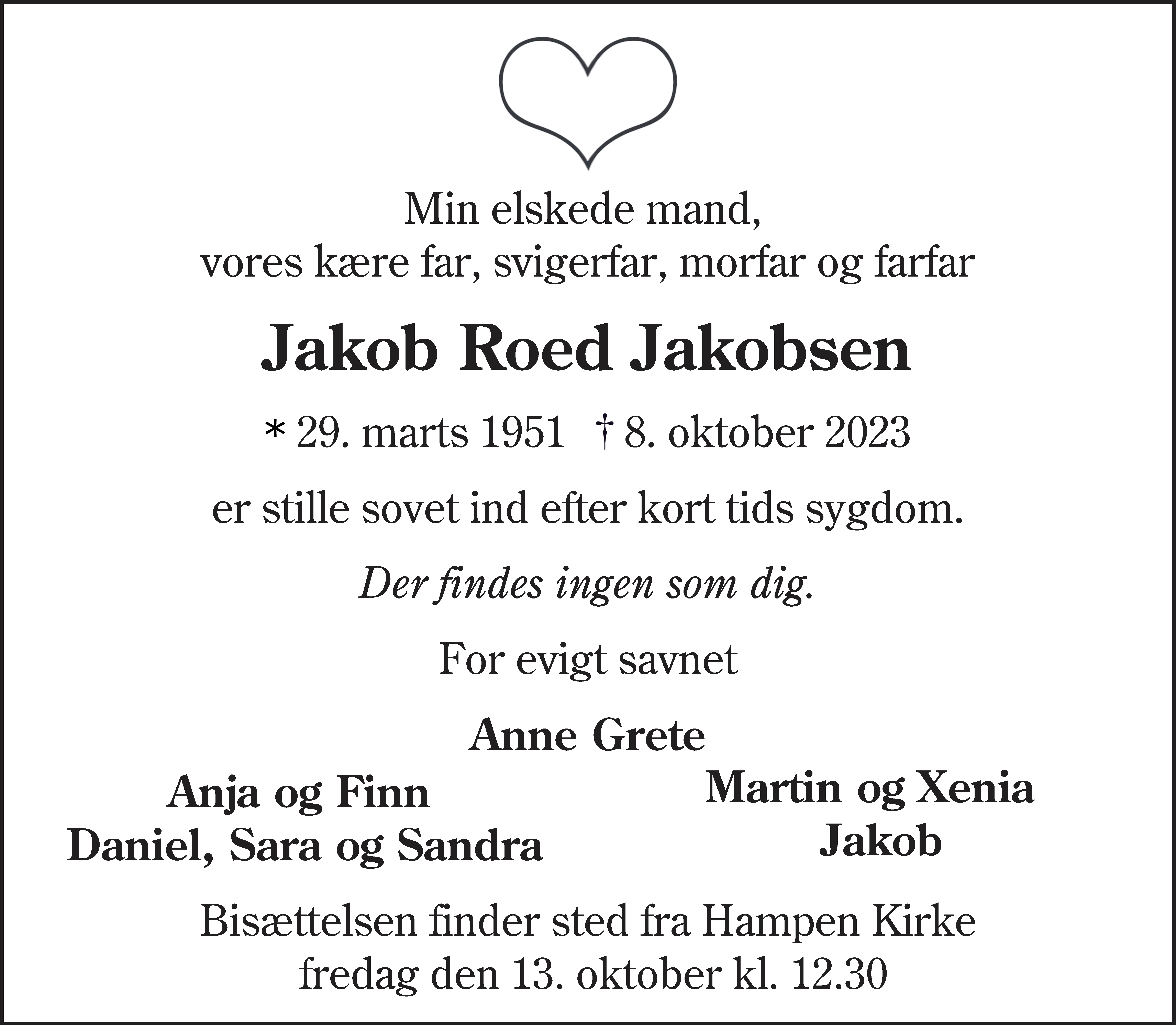 Dødsannonce for Jakob Roed Jakobsen