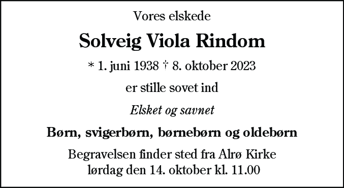 Dødsannonce for Solveig Viola Rindom