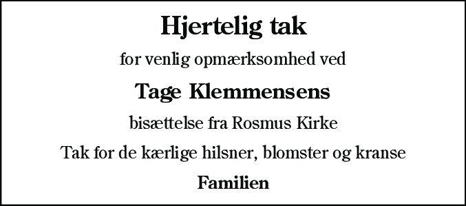 Dødsannonce for Tage Klemmensen