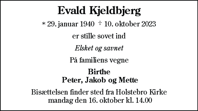 Dødsannonce for Evald Kjeldbjerg