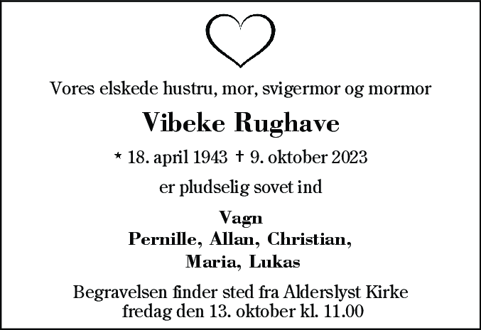 Dødsannonce for Vibeke Lilian Rughave