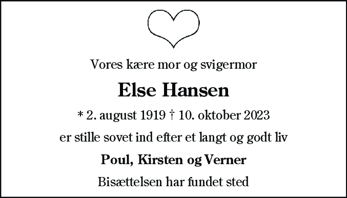 Dødsannonce for Else Nikoline Hansen