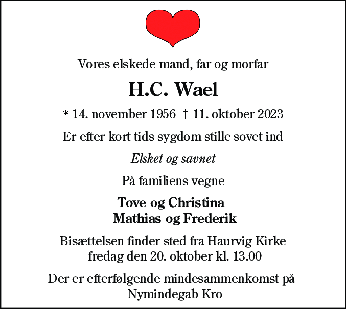 Dødsannonce for Hans Christian Wael