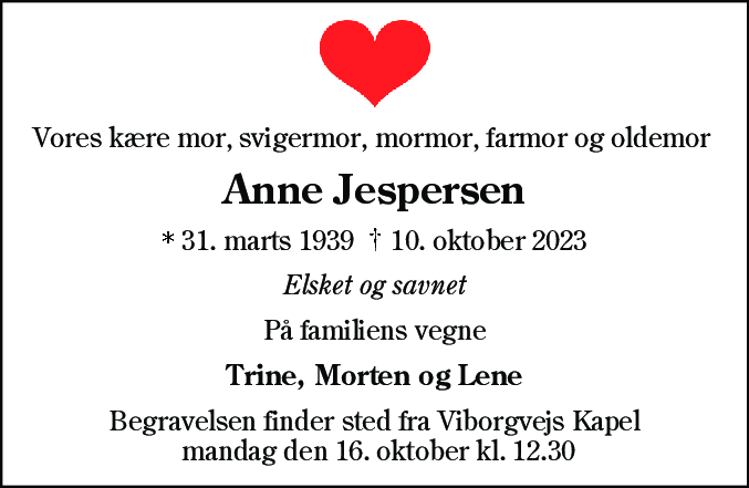 Dødsannonce for Anne Jespersen