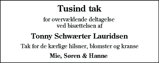 Dødsannonce for Tonny Laurids Schwærter Lauridsen