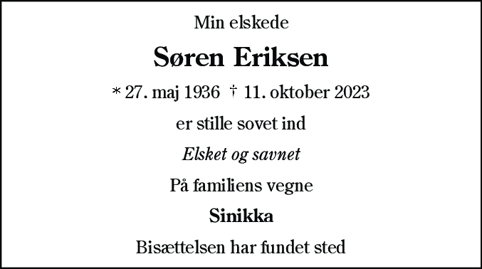 Dødsannonce for Søren Eriksen