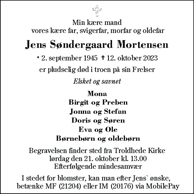 Dødsannonce for Jens Søndergaard Mortensen