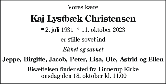 Dødsannonce for Kaj Lystbæk Christensen