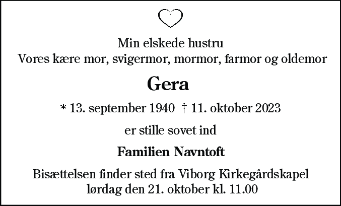 Dødsannonce for Lilli Judy Gera Navntoft