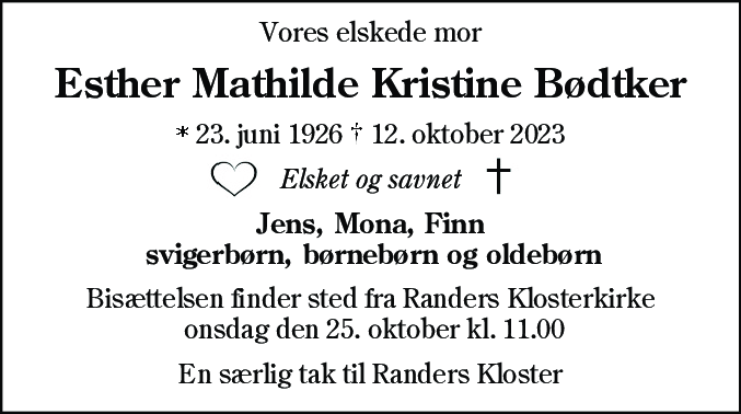 Dødsannonce for Esther Mathilde Kristine Bødtker