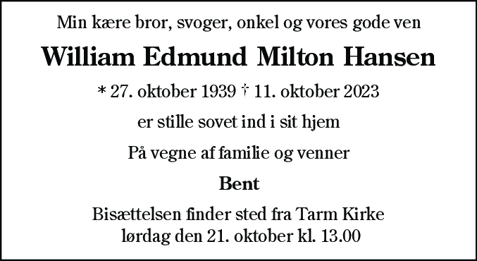 Dødsannonce for William Edmund Milton Hansen