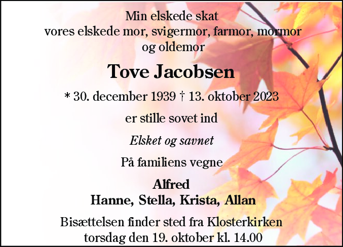 Dødsannonce for Tove Jacobsen