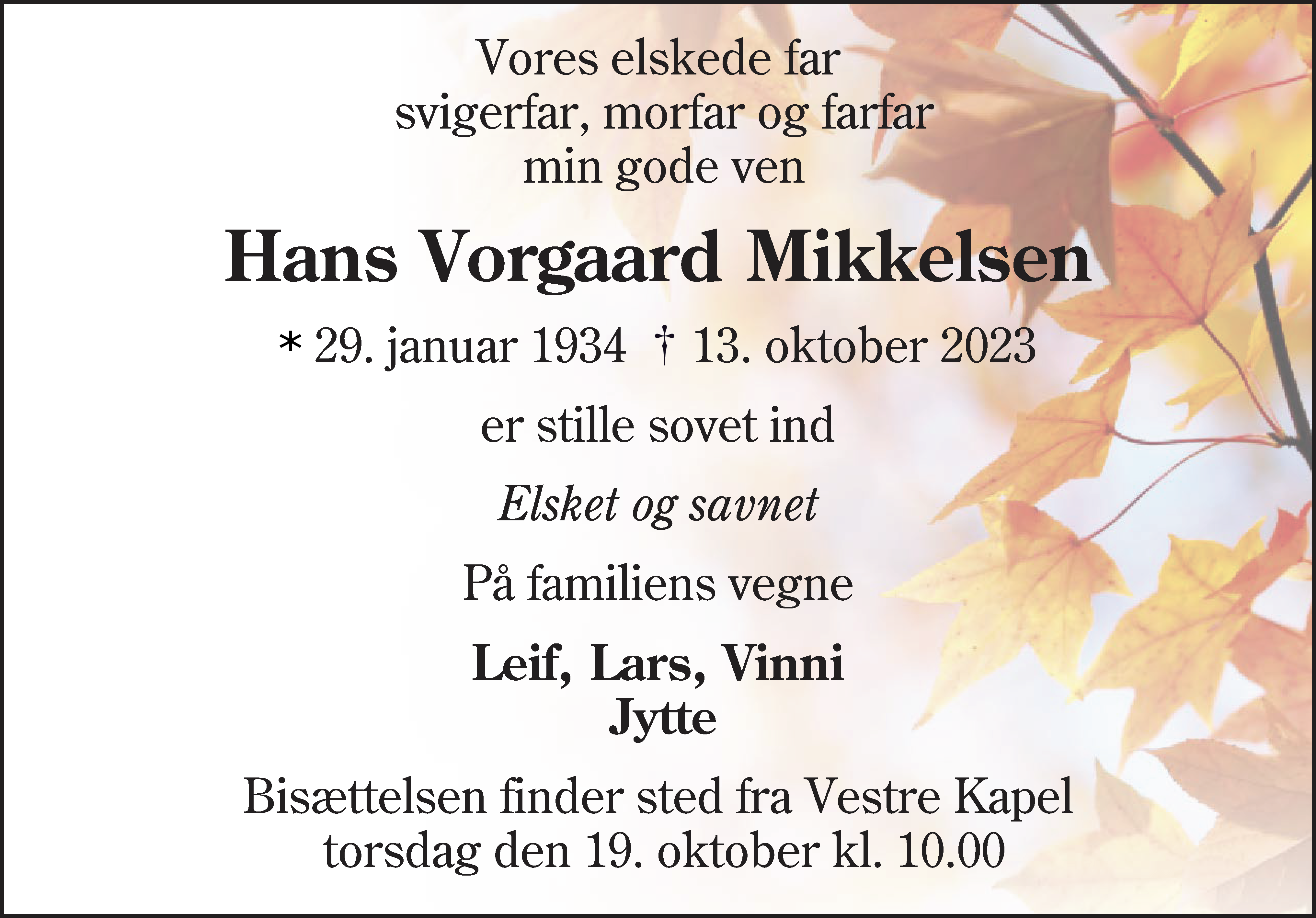 Dødsannonce for Hans Vorgaard Mikkelsen