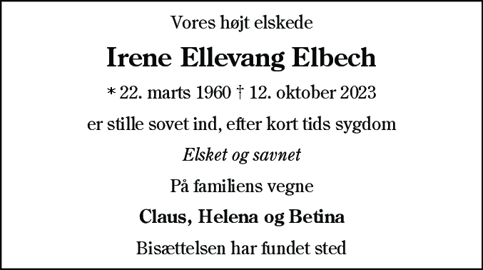 Dødsannonce for Irene Ellevang Elbech