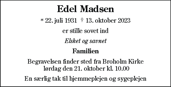 Dødsannonce for Edel Madsen