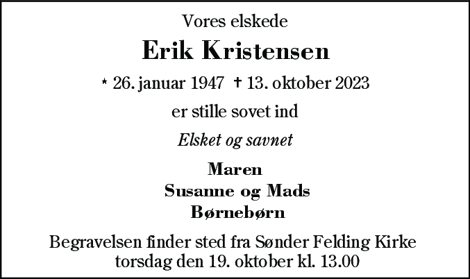 Dødsannonce for Erik Kristensen