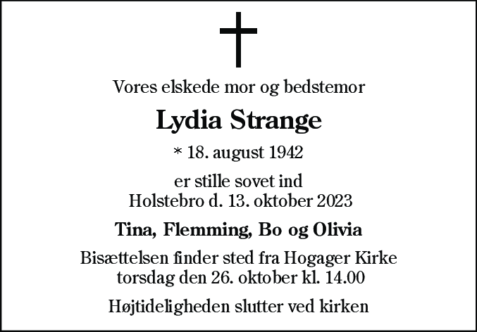 Dødsannonce for Lydia Strange