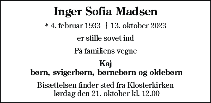 Dødsannonce for Inger Sofia Madsen