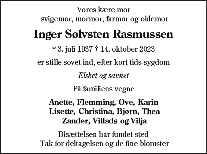 Dødsannonce for Inger  Sølvsten Rasmussen