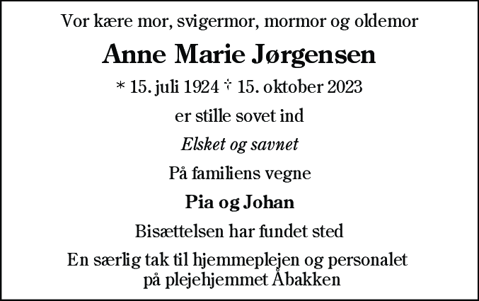 Dødsannonce for Anne Marie Jørgensen