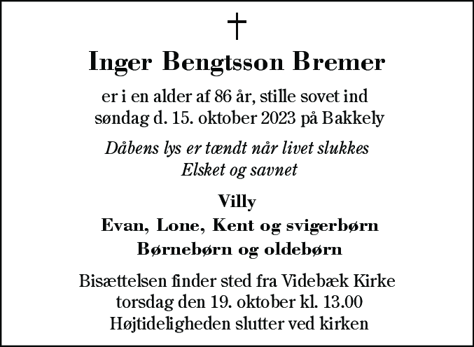 Dødsannonce for Inger Bengtsson Bremer